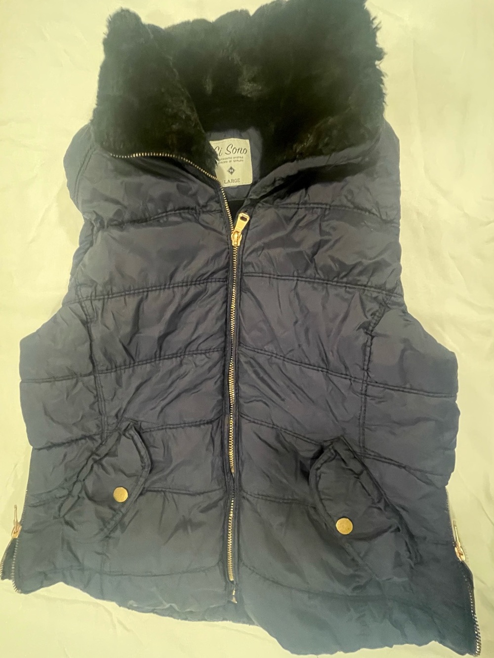 Ci Sono YOUTH large Navy Quilted Puffer Vest with Faux Fur Trimmed Hood